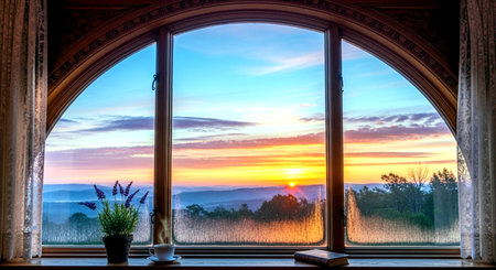 Beautiful sunset over the mountains through the window of a country houseの素材