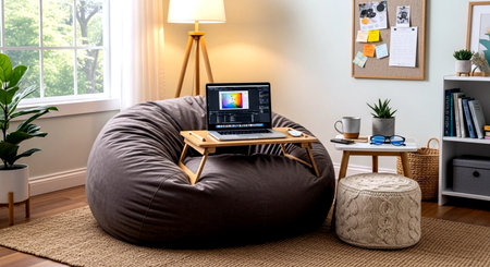 Comfortable armchair and laptop on carpet in living room at homeの素材