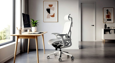 Interior of modern office with white walls, concrete floor, computer desk and armchair. 3d renderingの素材