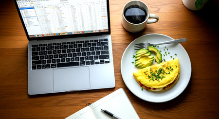 Breakfast with omelette, coffee and laptop on wooden tableの素材