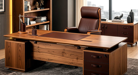 Wooden office desk and chair in modern office with city view. 3d renderingの素材