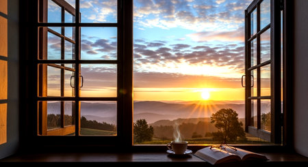 Cup of coffee and book on the window with beautiful sunrise backgroundの素材