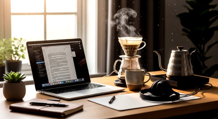 Coffee grinder and coffee maker on the table with laptop.の素材