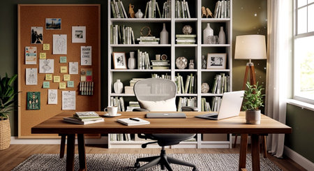 Office interior with bookcase, computer and lamp. 3d renderの素材