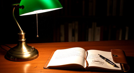 Notebook and lamp on the table in the dark. Shallow DOFの素材