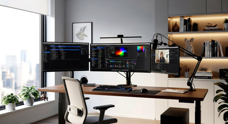 Modern workplace with computers, devices and equipment. 3D Renderingの素材