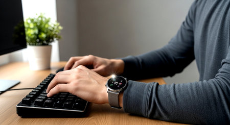 Close-up of a man's hand using a computer keyboard and a smart watchの素材