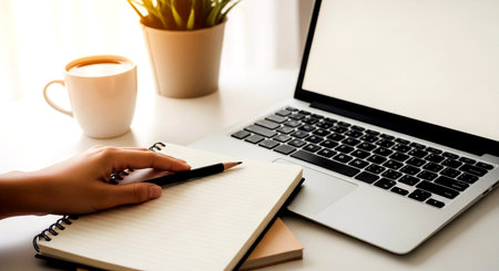 Woman hand writing in notebook with laptop and cup of coffee on white tableの素材