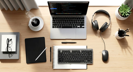 Top view of modern workplace with laptop, stationery and coffee cup on wooden tableの素材