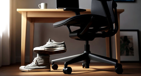 Office chair and shoes on wooden floor, closeup. Workplaceの素材