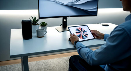 Businessman using digital tablet at desk in office. Business and technology concept.の素材