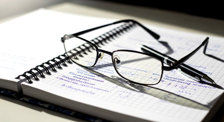 Glasses and notebook with financial data on the table, business conceptの素材