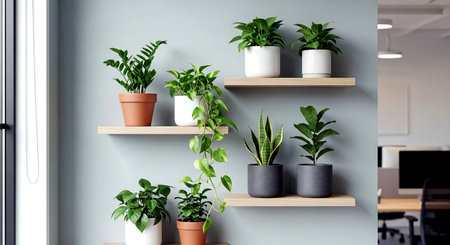 Green plants in pots on a shelf in office. 3d renderingの素材