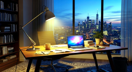 Working place in office at night with city view. 3D renderingの素材