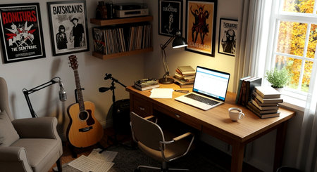 3D Illustration of a modern home office with a computer and a guitarの素材
