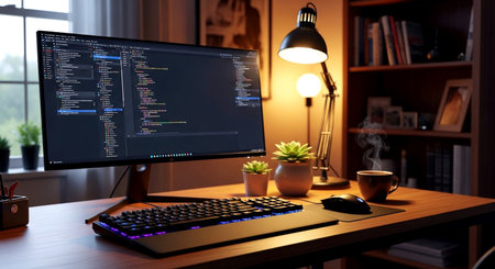 Programmer working on computer at night in office. 3d renderingの素材