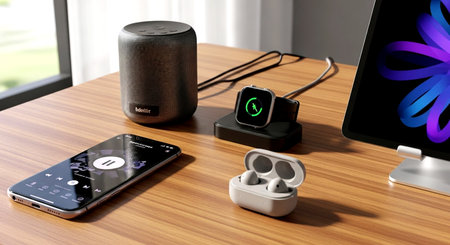 Smartphones and speakers on a wooden table. 3d rendering.の素材