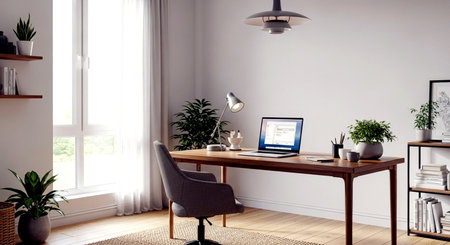 Modern workplace with laptop in the office. 3d render illustration.の素材