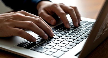Close up of a man's hands typing on a laptop keyboard.の素材