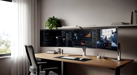 3D rendering of a modern designer desktop with a computer on itの素材