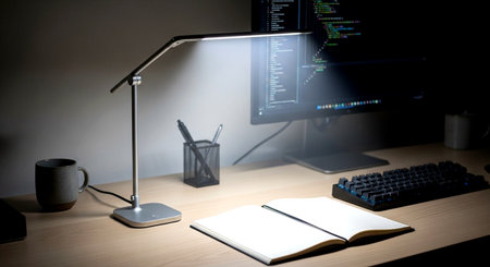 Computer, keyboard, mouse, notebook and lamp on the table.の素材