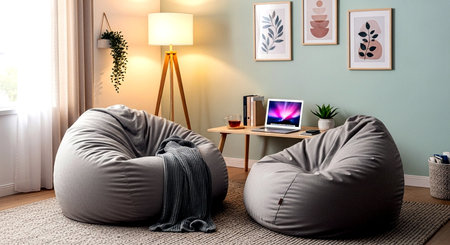 Interior of modern living room with gray armchairs and laptop on carpetの素材