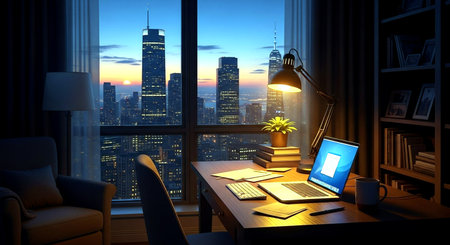 Office workplace with laptop on table and city view. 3D renderingの素材