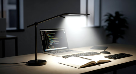 Conceptual image of a desktop with a laptop, books and a lampの素材
