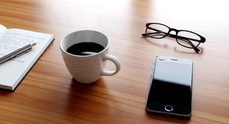 Coffee cup and smart phone on the wooden table with notebookの素材