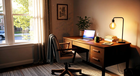 Working place with computer, lamp and books in room. 3d renderingの素材