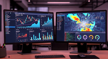 Computer monitors with stock market data on the screen. 3d renderingの素材