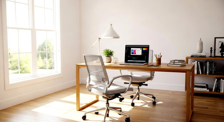 Comfortable workplace with modern computer on table in room, 3D renderingの素材