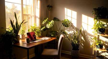 Interior of a home office with plants and a laptop on a tableの素材