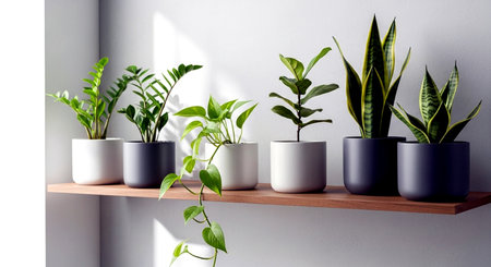 Plants in pots on a shelf in a room. 3d renderingの素材