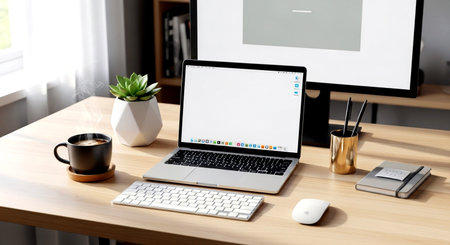 Close up of modern workplace with blank screen laptop, coffee cup and other itemsの素材