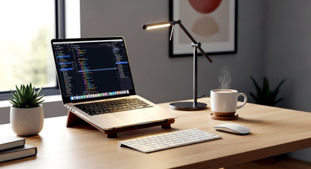 Modern workspace with laptop, computer and coffee cup on wooden table in officeの素材