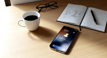 Smartphone with social media app on the screen and coffee on the deskの素材