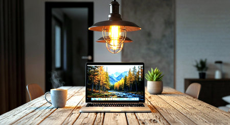 Laptop on the wooden table in the living room. 3d rendering.の素材