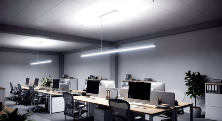 Modern coworking office interior with computers and equipment. 3D Renderingの素材