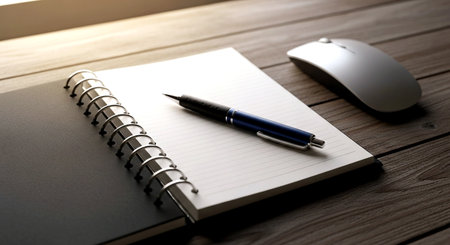 Notebook with pen and mouse on the wooden table, business conceptの素材