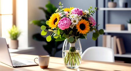 Beautiful bouquet of flowers in vase on table in officeの素材