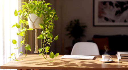 Cup of coffee on wooden table with green plant in the roomの素材