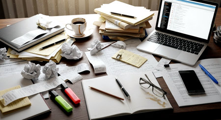 Messy office desk with laptop, books, coffee cup and other itemsの素材