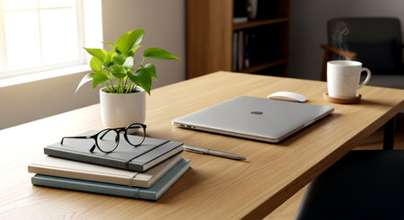 Office workplace with laptop, coffee cup, notebook and plant on wooden tableの素材
