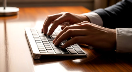Close-up of male hands typing on a computer keyboard on wooden tableの素材