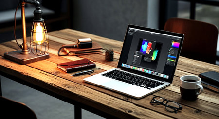 Laptop on a table in a modern office. 3d renderingの素材