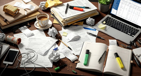 High angle view of messy office desk with laptop, supplies and coffee cupの素材