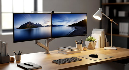Modern workspace with computer monitor, stationery and books. 3D renderingの素材