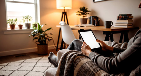 Woman using tablet computer while sitting on sofa in living room at homeの素材