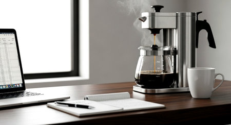 Coffee maker on wooden table with laptop and cup of coffeeの素材